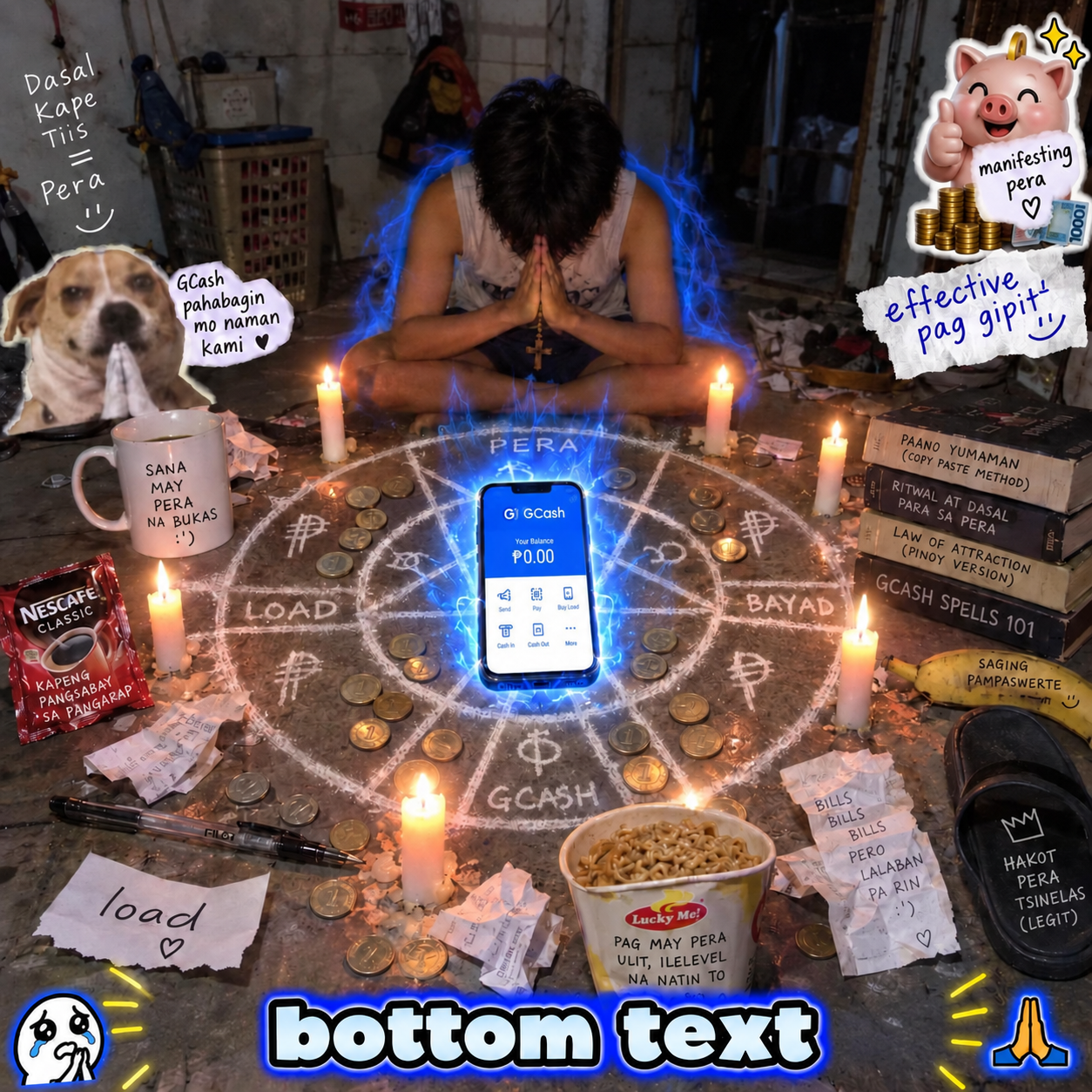 GCash summoning ritual meme with candles, a praying dog, a piggy bank, and bottom text